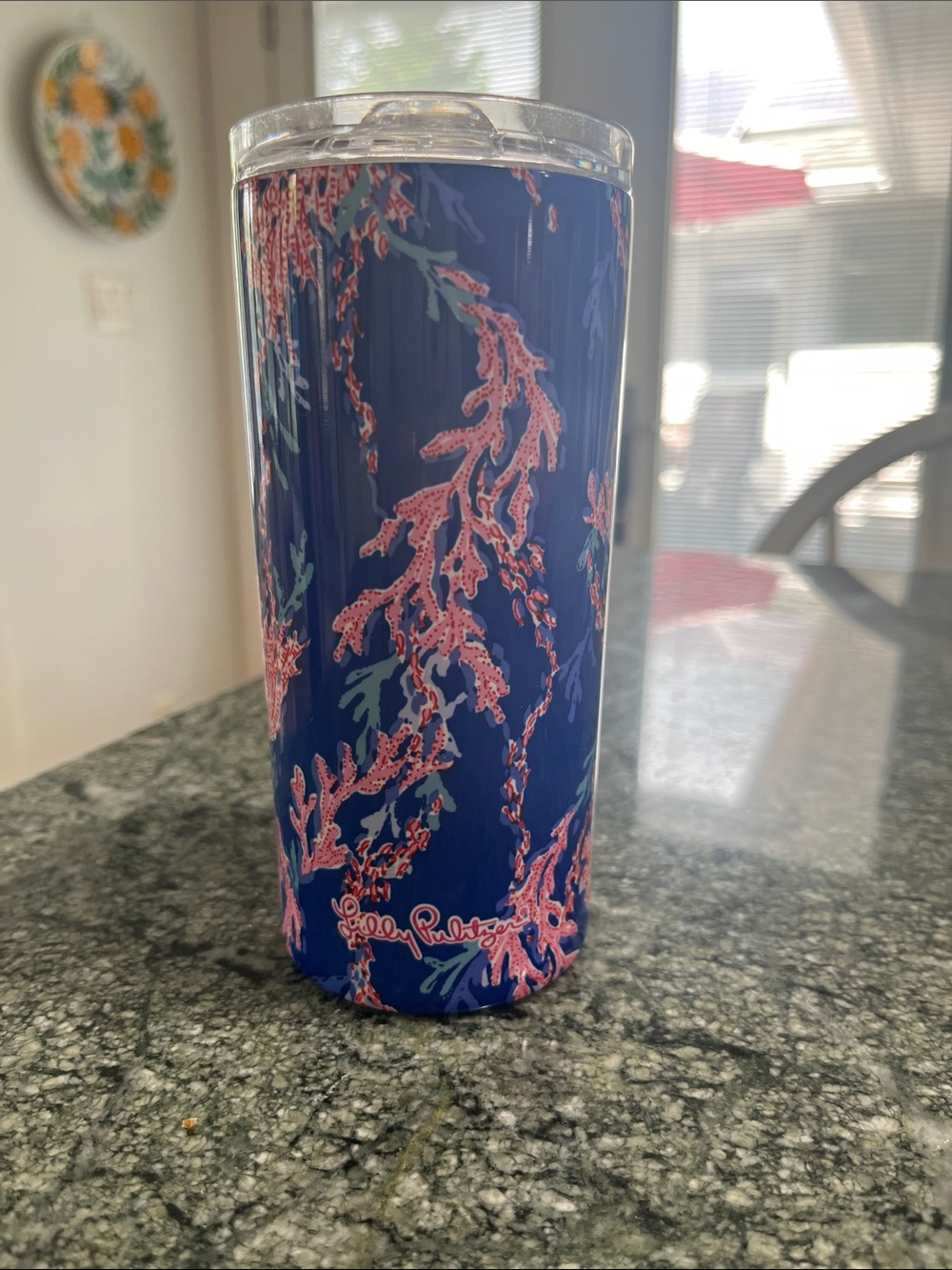 Lilly Pulitzer Navy Tumbler with Pink Coral and Green Accents
